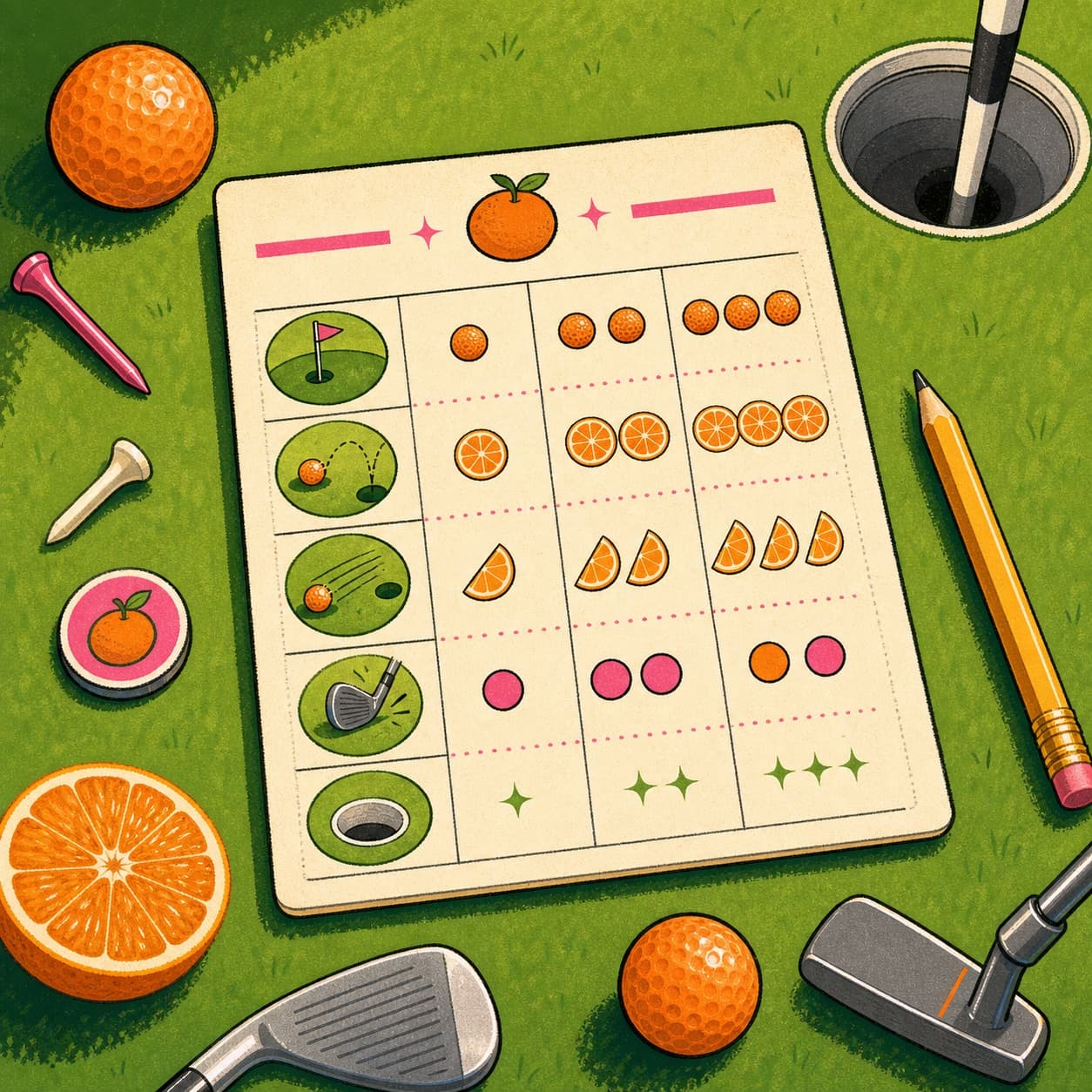 Illustrated Clementine golf scorecard with balls, tees, and putter